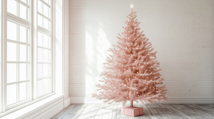 light pink christmas tree in a white room