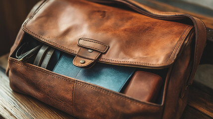 Leather bag open, fashion accessories neatly arranged inside
