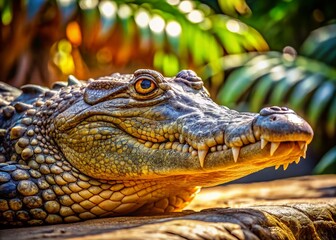 Fototapeta premium Sunbathing Crocodile: Majestic Reptile Basking in the Warm Sunshine