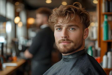 Fototapeta premium Portrait of a young man with curly hair and beard at a barbershop