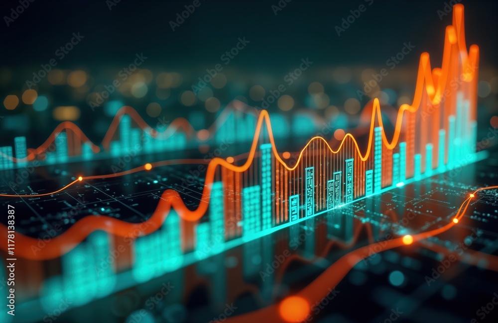 Aufkleber digital charts, diagrams visualize economic growth against night city backdrop. data analysis illust