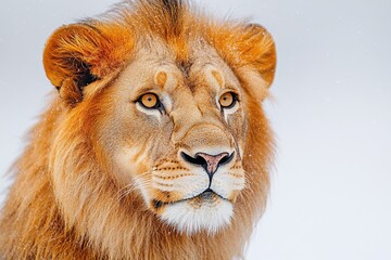 Fototapeta premium Close-up shot of a lion's face covered in snow, suggesting winter or cold climate