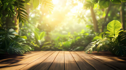 The wooden floor in the middle of the jungle with green plants and trees all around and sun light shining through the leaves. Evergold. Illustration