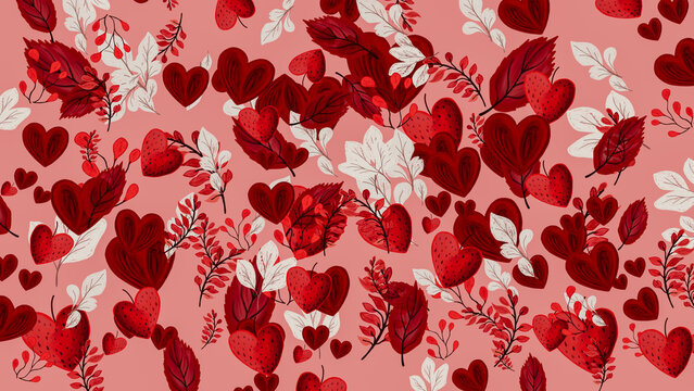 Colorful hearts and leaves in a romantic Valentine's Day theme
