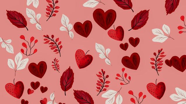 Colorful hearts and leaves in a romantic Valentine's Day theme