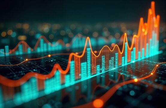 Digital charts, diagrams visualize economic growth against night city backdrop. Data analysis illustrates trends, forecasts. Neon lights vibrant progress displayed on tech interface. Dynamic graphs,