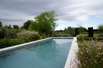 View of the elevated rectangular swimming pool in the garden, surrounded by plants and flowers