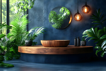 Luxurious Tropical Bathroom Interior Design: Dark Blue Walls, Wooden Sink, Lush Greenery