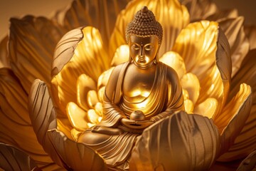 Fototapeta premium Golden Buddha seated within a radiant golden lotus flower, illuminated softly in a serene environment, symbolizing peace and enlightenment in a tranquil setting