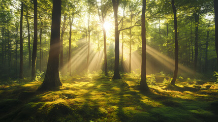 Obraz premium Vintage illustration of a magical glade in a dense forest with sunlight filtering through canopy, mosscovered ground. Evergold. Illustration