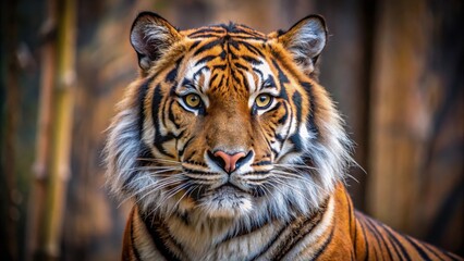 Majestic Sumatran Tiger with distinctive orange-brown coat and white stripes on forehead