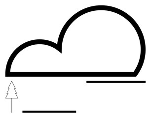 Bold cloud outline above horizontal lines and a small tree represents nature, weather, serenity, simplicity, balance, landscape. Ideal for eco design, environment, outdoor concepts minimal art