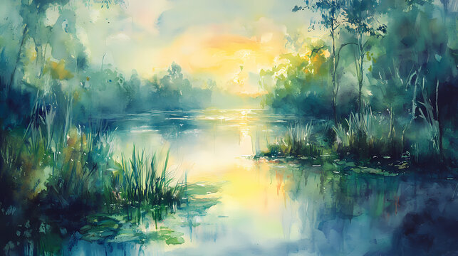 Watercolor painting of the everglade at dawn. Evergold. Illustration