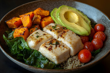 Healthy and Delicious Seared Fish Bowl with Roasted Sweet Potatoes, Avocado, and Quinoa