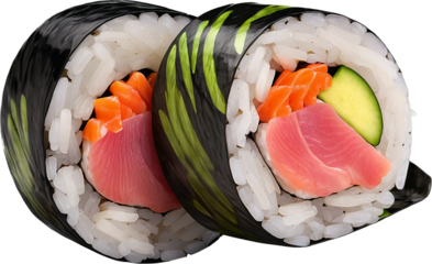 Seafood Platter. Two sushi rolls with salmon tuna cucumber close up fr