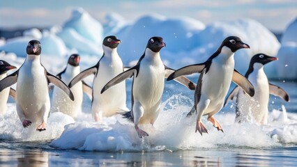 Fototapeta premium A group of Adelie penguins playfully splash and chase each other on the ice of Antarctica, their feathers glistening with dew as they frolic in the snow , Adelie penguins, nature
