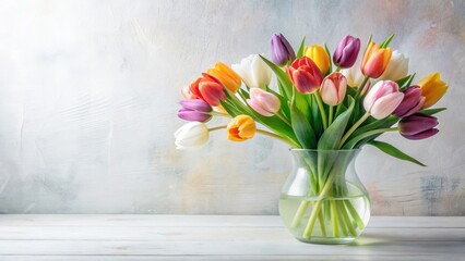 Colorful tulip flowers arranged in a vase on a soft white paper background, with subtle floral patterns and gentle lighting