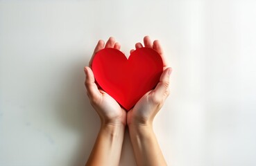 Obraz premium Female hands gently hold red heart shape. Care, love concept. Symbol of compassion. Romantic image. Possible use for Valentine Day general care themes. Image evokes feelings of giving, receiving