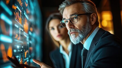 Business professionals analyzing data on a digital screen in a modern office setting during late evening hours