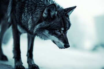 Fototapeta premium A black and white photograph of a wolf walking through the snow