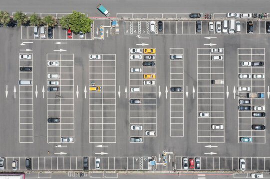 Aerial view of a well organized parking lot with cars