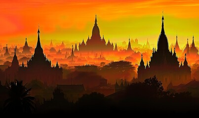 Ancient temples at sunrise, misty landscape, Bagan, Myanmar, travel destination.