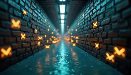 Dark tunnel shows many deleted emails. Digital illustration shows spam problem. Email inbox flooded with suspicious messages. Visual representation of online threats. Security risk concept. Dark tech