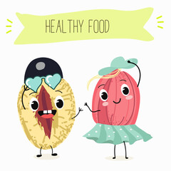 Ackee (Blighia sapida), or achee, medicinal plant, funny fruit cute cheerful characters. Vector hand drawn illistration.