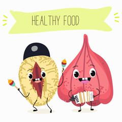 Ackee (Blighia sapida), or achee, medicinal plant, funny fruit cute cheerful characters. Vector hand drawn illistration.