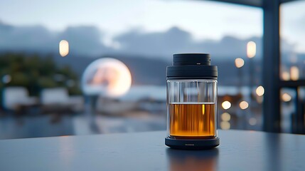 Amber liquid in a glass bottle on a table with a blurred outdoor background.