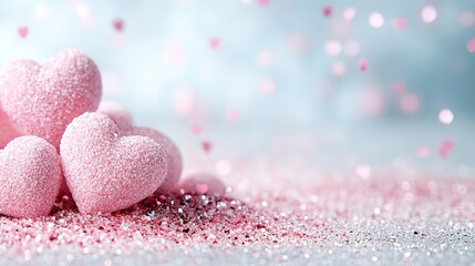 Obraz premium Pink sugar hearts are stacked together, adorned with sparkling glitter and soft confetti. This festive arrangement creates a charming and romantic atmosphere ideal for celebrations