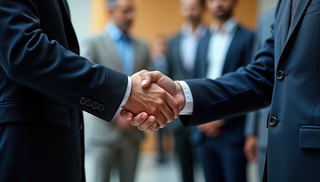 Businessmen shake hands at international conference. Leaders cooperate. Partnership agreement. Global event. Important meeting. Pro attire. Negotiations succeed. International relations grow.