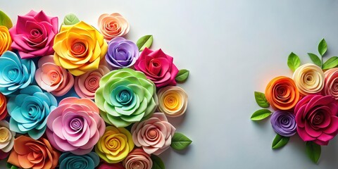 Floral arrangement of colorful paper roses against a plain background, flowers on paper, backdrop