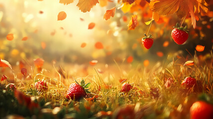 Red woodland strawberry glade, autumn leaves, grass, selective focus, nature photography. Evergold. Illustration