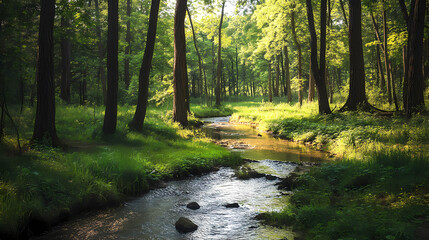 Obraz premium Serene forest glade with towering trees and a babbling brook, stream, peaceful, water. Evergold. Illustration