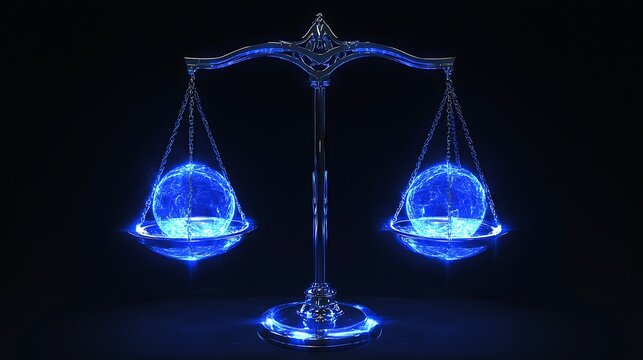 A glowing balance scale with spherical elements, representing justice and equilibrium.