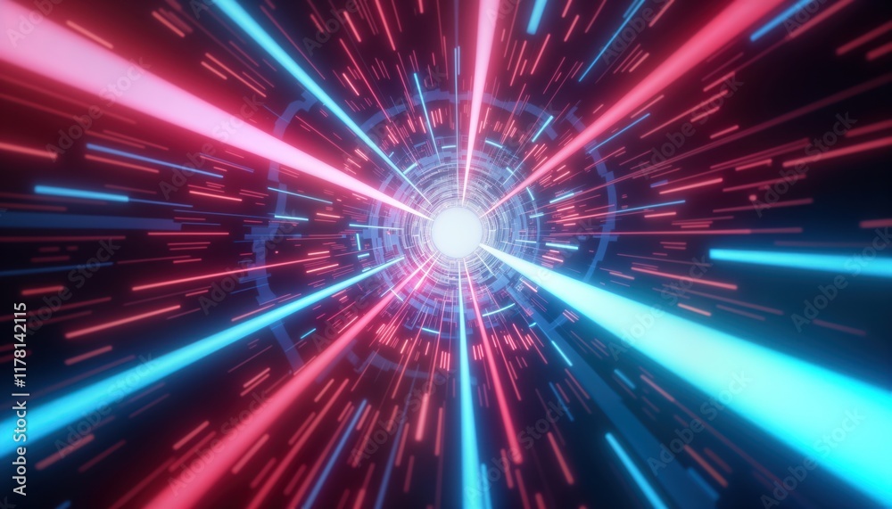 Poster Abstract neon tunnel. Retro sci-fi tech warp speed. Hyper speed motion. Glowing lines. Bright colors. Futuristic design. Fast travel. Cosmic space. Cyber tunnel. Dynamic glowing lines. Future
