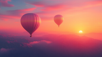 Fototapeta premium Hot air balloons flying over the colorful landscape at dawn 