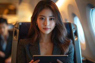A woman sitting on an airplane uses a tablet computer, possibly working or entertained