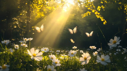 Obraz premium Sunbeams dance across a forest glade where white spring flowers and butterflies coexist peacefully. Evergold. Illustration