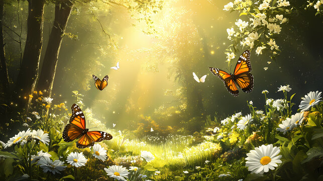Sunbeams dance across a forest glade where white spring flowers and butterflies coexist peacefully. Evergold. Illustration