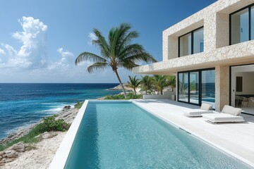 Fototapeta premium A swimming pool situated beside a sandy beach, featuring a palm tree for shade