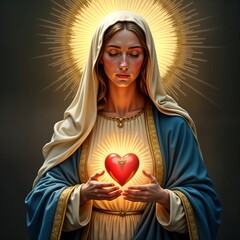 Religious illustration of Virgin Mary. Holy woman holds glowing heart. Beautiful female saint in traditional dress. Sacred image of Mary. Spiritual, religious art. Religious symbol of faith. © Pete