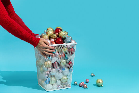 Christmas presents and gifts in trash can. Over consumption 