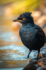 Fototapeta premium A black bird perched on a rock in the middle of calm water, perhaps enjoying the scenery or waiting for its next meal