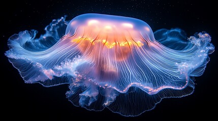 Illuminated Jellyfish Glowing in Dark Ocean Water