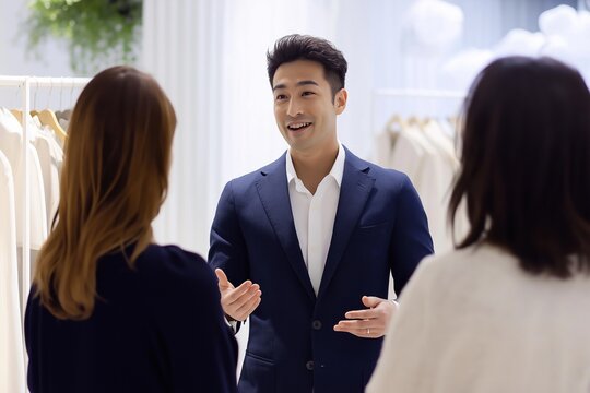Smiling shop assistant showing wedding dresses to two future brides, explaining the characteristics of each dress in a bright and elegant boutique