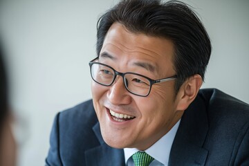 Asian businessman wearing glasses and a suit, smiling and listening attentively during a business meeting, exuding confidence and positivity in a collaborative office environment