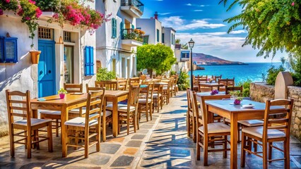 Obraz premium Sunny Greek Restaurant Patio: Outdoor Dining Table & Chairs with Copy Space