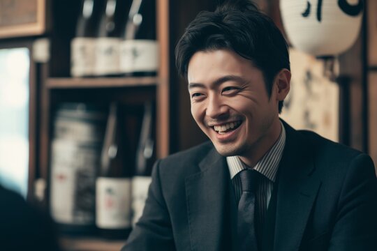 Happy hour at a traditional japanese pub, an izakaya, with a businessman in a suit enjoying after-work drinks and conversation, celebrating success and camaraderie